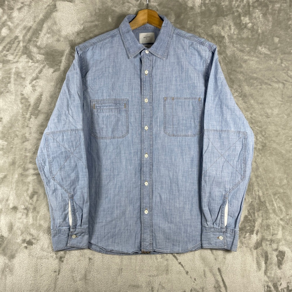 Billy Reid Button Down Shirt Mens M Blue Chambray Elbow Patch Military Denim